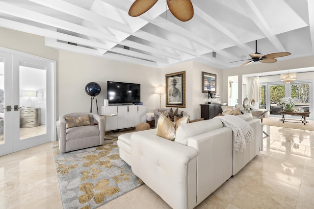 1501 S Palmway, Lake Worth, FL 33460 - living room featuring ceiling fan, coffered ceiling, beamed ceiling, and french doors