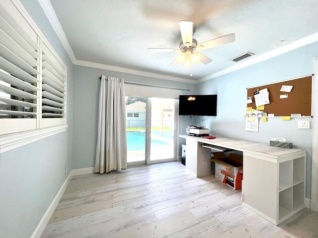 115 Sandpiper Ave, Royal Palm Beach, FL 33411 - office with light wood-style flooring, ceiling fan, crown molding, and baseboards