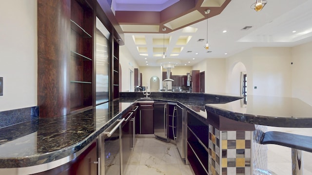 401 SE Verada Ave, Port Saint Lucie, FL 34983 - bar with light marble finish floors, refrigerator, recessed lighting, pendant lighting, and arched walkways