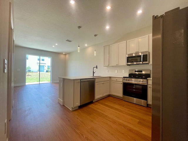 6159 Peaceful Park Way, Clermont, FL 34714 - kitchen featuring stainless steel appliances, a sink, a peninsula, light wood-type flooring, and open floor plan