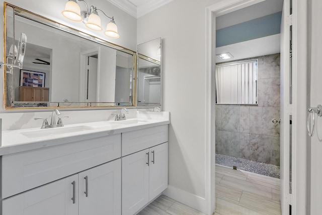 6170 Brandon St, Palm Beach Gardens, FL 33418 - full bath with a walk in shower, double vanity, baseboards, and crown molding