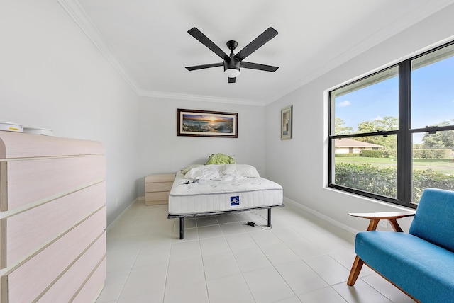 6170 Brandon St, Palm Beach Gardens, FL 33418 - bedroom featuring crown molding, baseboards, ceiling fan, and light tile patterned floors