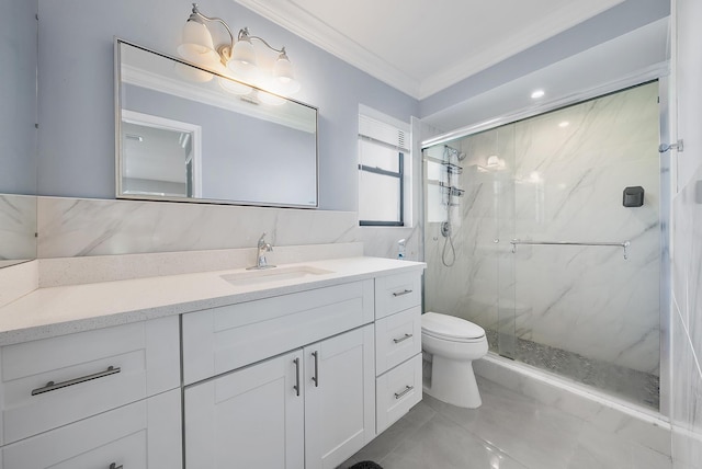 6170 Brandon St, Palm Beach Gardens, FL 33418 - full bath with ornamental molding, a marble finish shower, vanity, toilet, and marble finish flooring