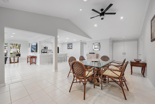6170 Brandon St, Palm Beach Gardens, FL 33418 - dining space featuring recessed lighting, lofted ceiling, a ceiling fan, light tile patterned floors, and ornamental molding