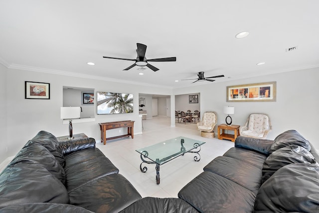 6170 Brandon St, Palm Beach Gardens, FL 33418 - living room featuring ceiling fan, recessed lighting, light tile patterned floors, crown molding, and baseboards