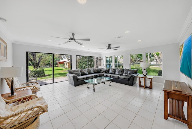 6170 Brandon St, Palm Beach Gardens, FL 33418 - living room featuring light tile patterned floors, ornamental molding, ceiling fan, recessed lighting, and baseboards