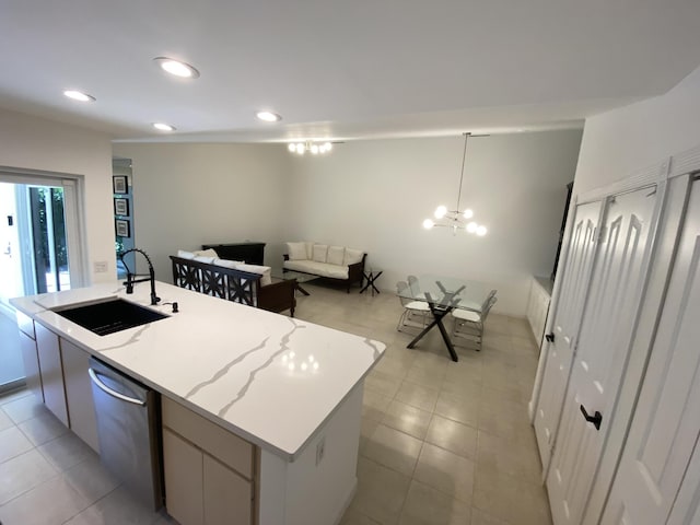 9124 Sun Terrace Cir Unit D, West Palm Beach, FL 33403 - kitchen featuring a sink, dishwasher, recessed lighting, a kitchen island with sink, and light tile patterned floors
