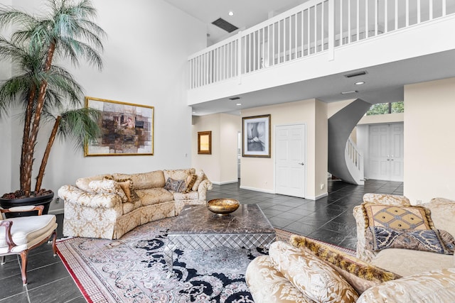 3049 NW 61st St, Boca Raton, FL 33496 - living room with tile patterned flooring, a towering ceiling, baseboards, and recessed lighting