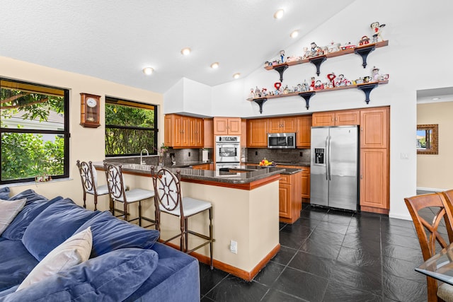 3049 NW 61st St, Boca Raton, FL 33496 - kitchen featuring stainless steel appliances, open floor plan, a peninsula, backsplash, and high vaulted ceiling