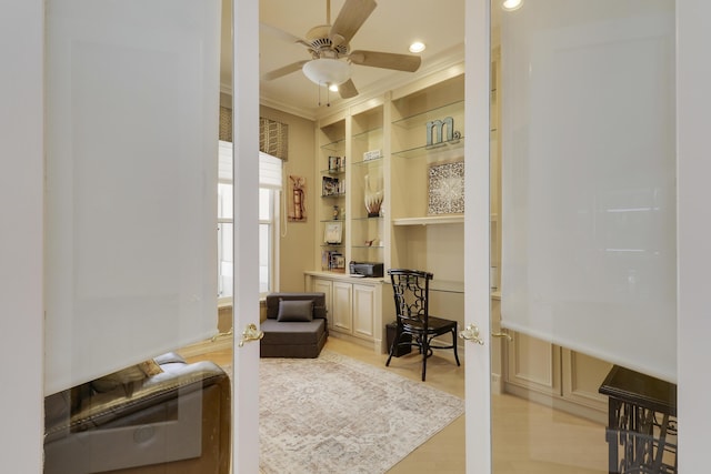 10120 Inverness Way, Port Saint Lucie, FL 34986 - office area with a ceiling fan, crown molding, recessed lighting, built in shelves, and built in study area