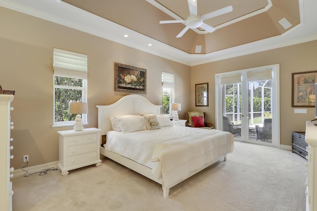 10120 Inverness Way, Port Saint Lucie, FL 34986 - bedroom with light colored carpet, access to outside, multiple windows, crown molding, and recessed lighting