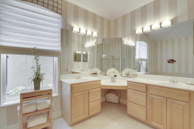 10120 Inverness Way, Port Saint Lucie, FL 34986 - bathroom with wallpapered walls, tile patterned flooring, vanity, plenty of natural light, and a shower