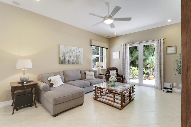 10120 Inverness Way, Port Saint Lucie, FL 34986 - living room with a ceiling fan, baseboards, light tile patterned flooring, and recessed lighting