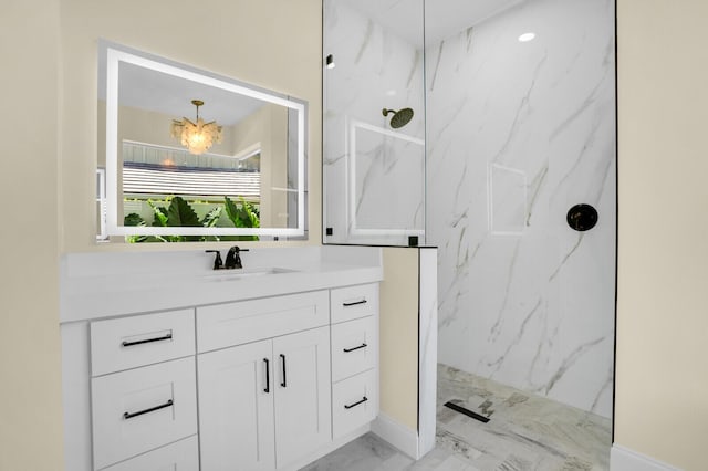 6845 Big Cypress Dr, Jupiter, FL 33458 - bathroom with marble finish flooring, a marble finish shower, vanity, and a chandelier