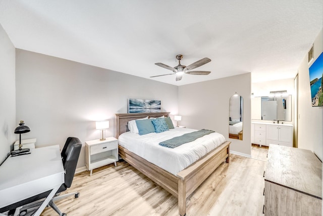 8641 Boca Glades D Blvd W Unit D, Boca Raton, FL 33434 - bedroom featuring light wood-type flooring, a desk, ceiling fan, and connected bathroom
