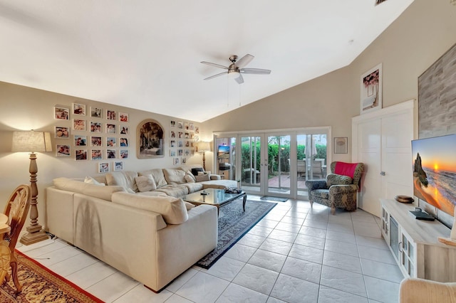 7574 Ironbridge Cir, Delray Beach, FL 33446 - living room featuring a ceiling fan, french doors, and high vaulted ceiling