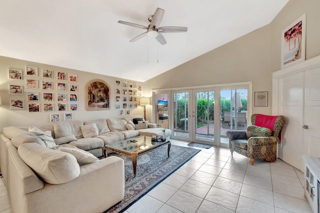 7574 Ironbridge Cir, Delray Beach, FL 33446 - living area featuring high vaulted ceiling, french doors, and a ceiling fan