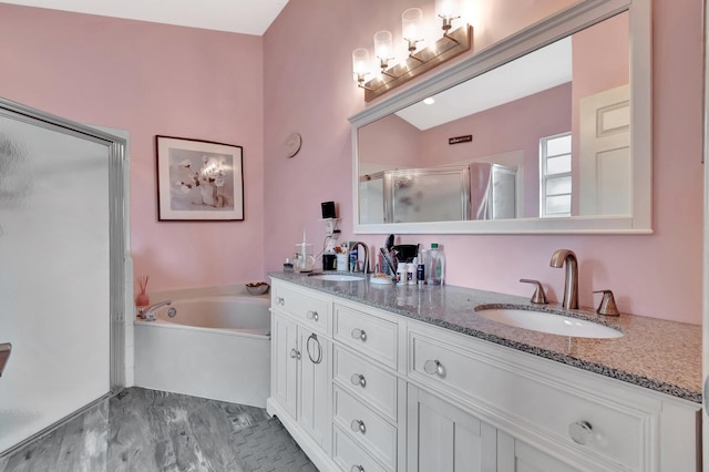 7574 Ironbridge Cir, Delray Beach, FL 33446 - bathroom featuring a shower stall, double vanity, and a bath
