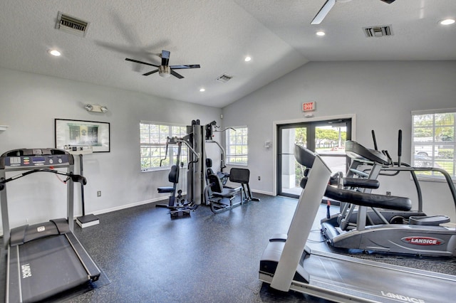 7574 Ironbridge Cir, Delray Beach, FL 33446 - exercise room featuring a ceiling fan, baseboards, lofted ceiling, recessed lighting, and a textured ceiling