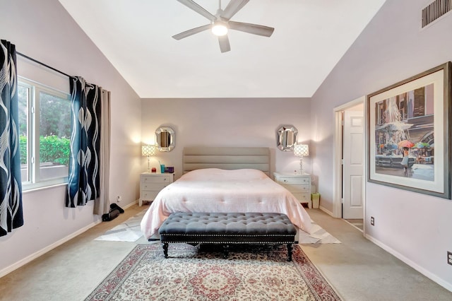 7574 Ironbridge Cir, Delray Beach, FL 33446 - bedroom featuring light carpet, vaulted ceiling, baseboards, and a ceiling fan