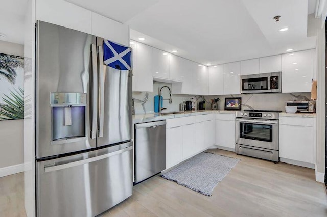 1841 Bridgewood Dr, Boca Raton, FL 33434 - kitchen featuring stainless steel appliances, white cabinetry, a sink, light countertops, and modern cabinets