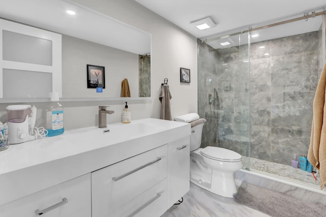 1841 Bridgewood Dr, Boca Raton, FL 33434 - full bathroom featuring vanity, toilet, a stall shower, and recessed lighting