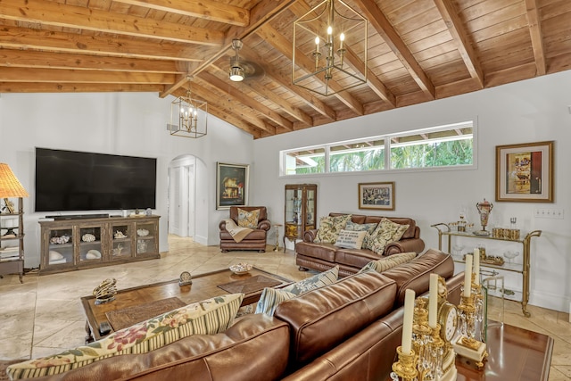 134 Worth Ct N, West Palm Beach, FL 33405 - living area featuring a chandelier, arched walkways, wooden ceiling with exposed beams, baseboards, and high vaulted ceiling
