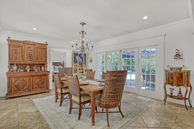 134 Worth Ct N, West Palm Beach, FL 33405 - dining space with a chandelier, ornamental molding, and recessed lighting