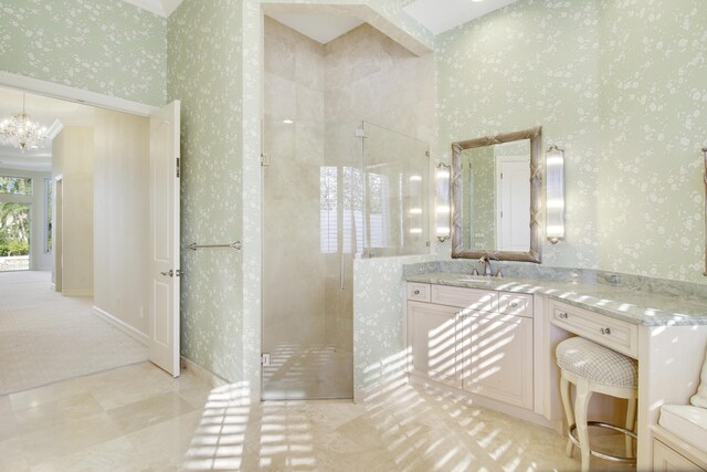 1186 Breakers W Blvd, West Palm Beach, FL 33411 - full bath featuring wallpapered walls, tiled shower, vanity, and a chandelier