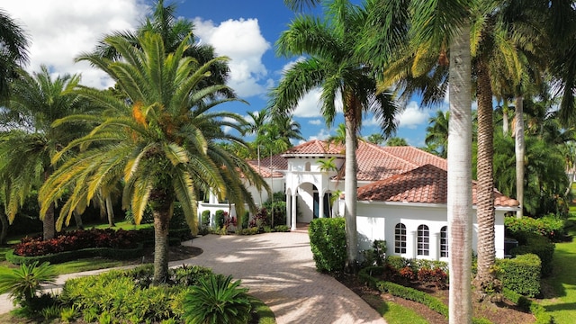 1186 Breakers W Blvd, West Palm Beach, FL 33411 - mediterranean / spanish home featuring a tile roof, stucco siding, and decorative driveway