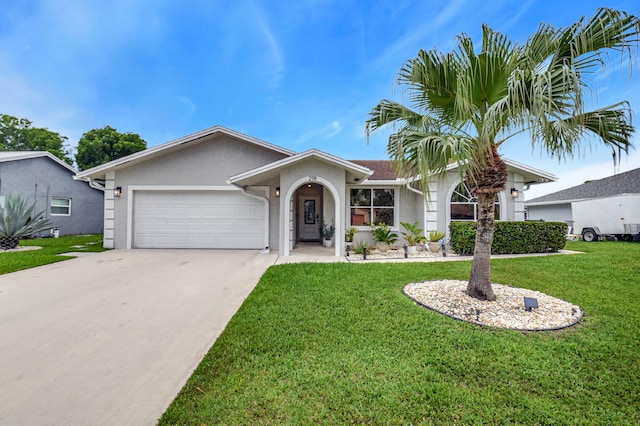 298 Las Palmas St, Royal Palm Beach, FL 33411 - ranch-style house with stucco siding, an attached garage, driveway, and a front yard