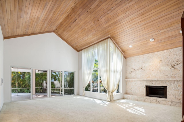 4700 Sanctuary Ln, Boca Raton, FL 33431 - unfurnished living room featuring wood ceiling, a fireplace, carpet flooring, and high vaulted ceiling