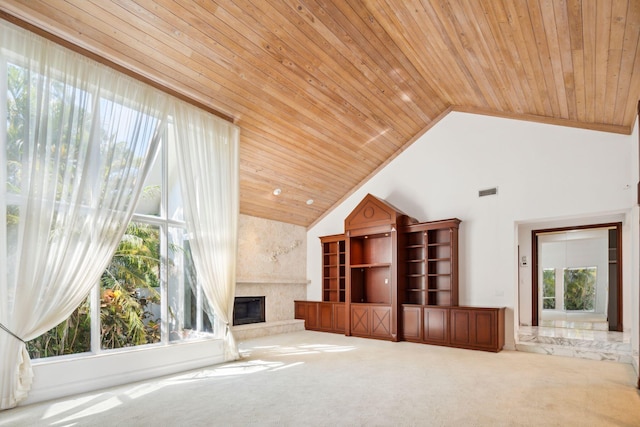 4700 Sanctuary Ln, Boca Raton, FL 33431 - unfurnished living room with wooden ceiling, a premium fireplace, healthy amount of natural light, high vaulted ceiling, and carpet floors