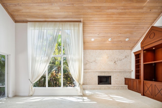 4700 Sanctuary Ln, Boca Raton, FL 33431 - unfurnished living room featuring carpet, wooden ceiling, and a premium fireplace