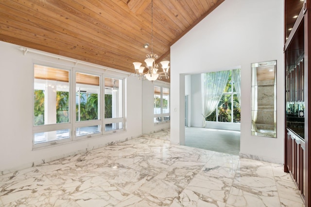 4700 Sanctuary Ln, Boca Raton, FL 33431 - unfurnished room with wooden ceiling, high vaulted ceiling, a chandelier, recessed lighting, and marble finish flooring