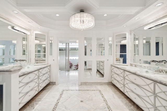4700 Sanctuary Ln, Boca Raton, FL 33431 - full bath with two vanities, ornamental molding, a chandelier, and recessed lighting
