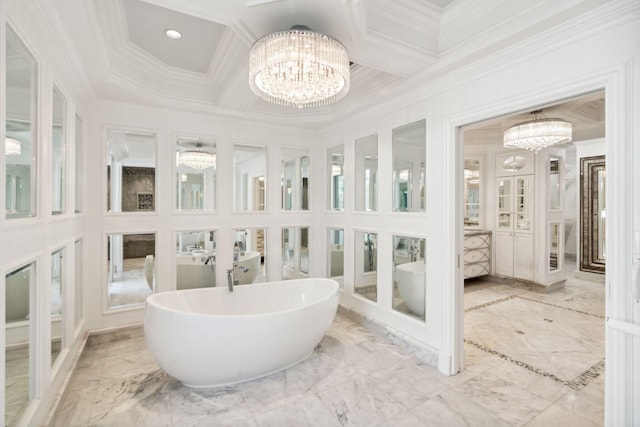 4700 Sanctuary Ln, Boca Raton, FL 33431 - bathroom with a chandelier, coffered ceiling, a freestanding tub, ornamental molding, and marble finish flooring