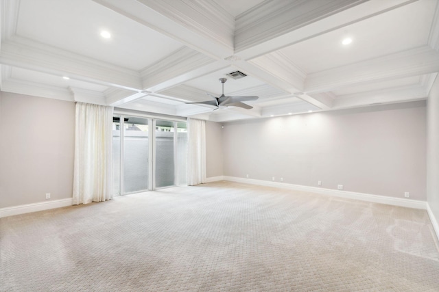 4700 Sanctuary Ln, Boca Raton, FL 33431 - unfurnished room with a ceiling fan, light carpet, beam ceiling, ornamental molding, and coffered ceiling