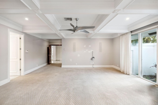 4700 Sanctuary Ln, Boca Raton, FL 33431 - spare room featuring light colored carpet, ceiling fan, beam ceiling, coffered ceiling, and recessed lighting