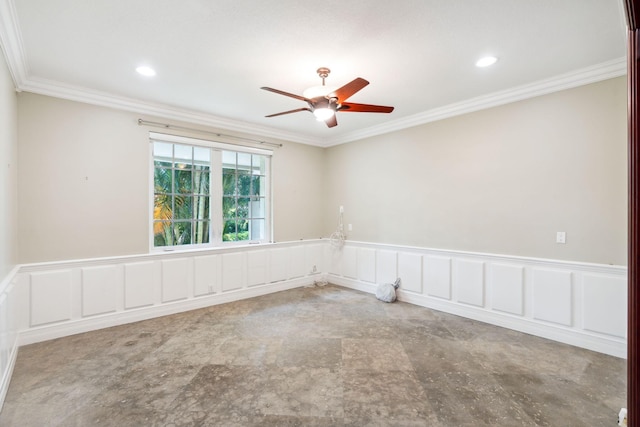 4700 Sanctuary Ln, Boca Raton, FL 33431 - unfurnished room with a ceiling fan, a wainscoted wall, ornamental molding, a decorative wall, and recessed lighting