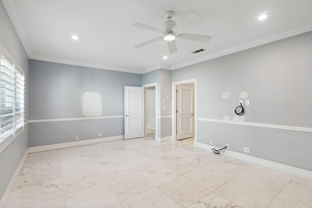 4700 Sanctuary Ln, Boca Raton, FL 33431 - empty room with ceiling fan, recessed lighting, crown molding, and marble finish flooring