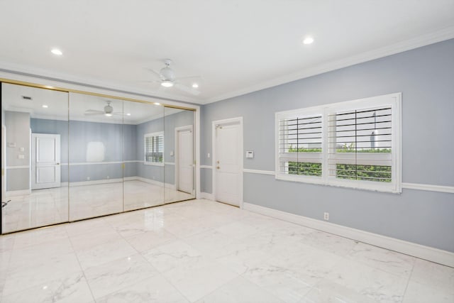 4700 Sanctuary Ln, Boca Raton, FL 33431 - unfurnished room featuring ornamental molding, ceiling fan, marble finish floors, and recessed lighting