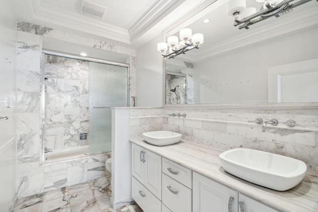 4700 Sanctuary Ln, Boca Raton, FL 33431 - bathroom featuring ornamental molding, double vanity, bath / shower combo with glass door, marble finish flooring, and backsplash