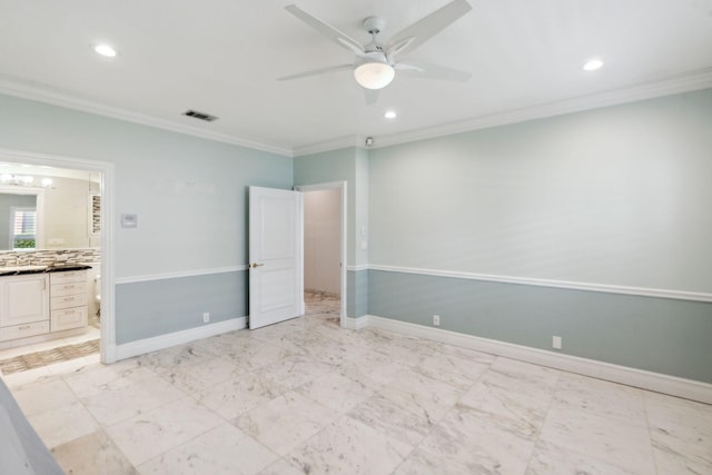 4700 Sanctuary Ln, Boca Raton, FL 33431 - unfurnished bedroom featuring ornamental molding, recessed lighting, ensuite bathroom, light marble finish flooring, and ceiling fan