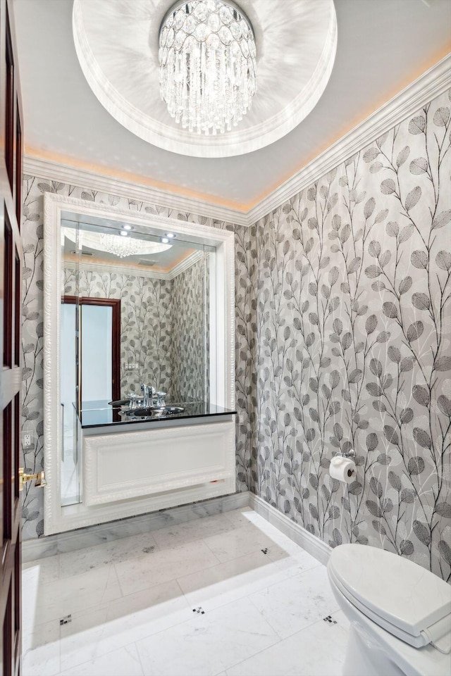 4700 Sanctuary Ln, Boca Raton, FL 33431 - half bathroom featuring wallpapered walls, marble finish floors, a chandelier, crown molding, and vanity