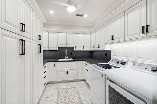 4700 Sanctuary Ln, Boca Raton, FL 33431 - washroom with independent washer and dryer, cabinet space, light marble finish floors, crown molding, and ceiling fan