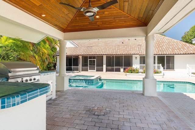 4700 Sanctuary Ln, Boca Raton, FL 33431 - view of swimming pool featuring a ceiling fan, area for grilling, a patio area, and a pool with connected hot tub
