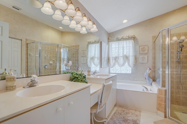 7158 Foxworth Ct, Boynton Beach, FL 33437 - bathroom with a stall shower, two vanities, a bath, tile patterned flooring, and recessed lighting