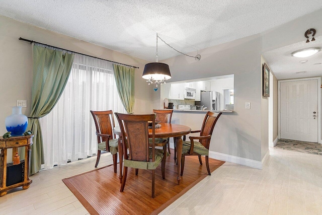 5200 E Club Cir Unit 106, Boca Raton, FL 33487 - dining space with light wood finished floors, a textured ceiling, a chandelier, and baseboards