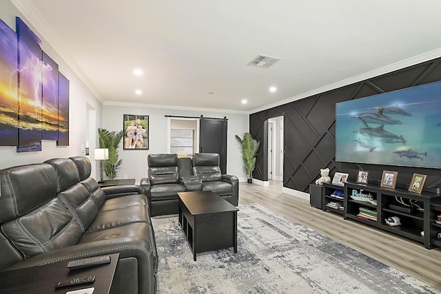 2388 SW Congress Blvd, Boynton Beach, FL 33426 - cinema featuring light wood-style floors, ornamental molding, a barn door, recessed lighting, and baseboards